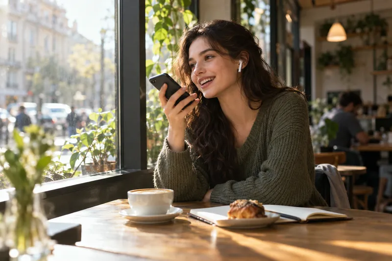 Learner practising English out loud on her phone in a cafe