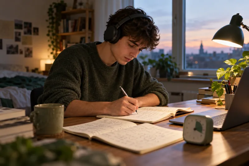 Student preparing for the IELTS exam at his desk in the evening