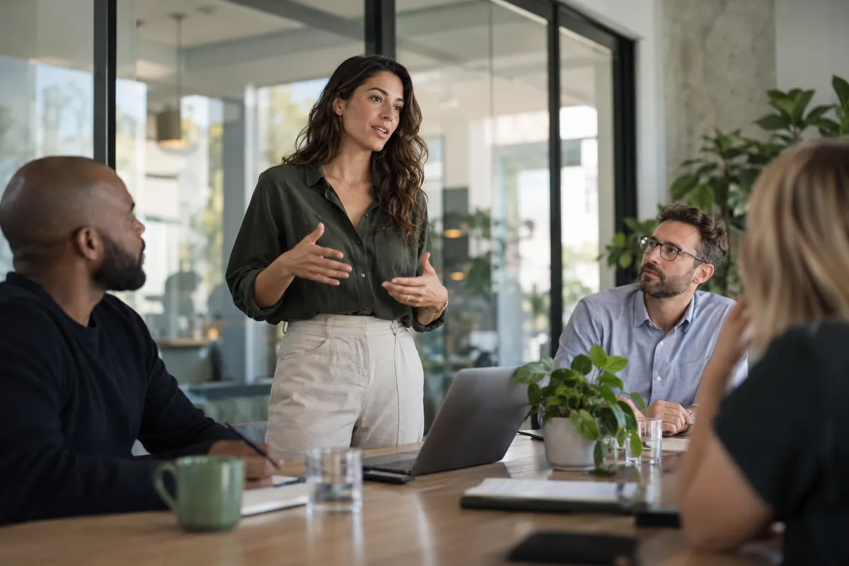 A professional speaking during a team meeting while colleagues listen